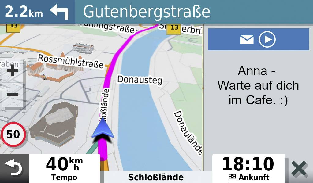 'Navigationsbildschirm zeigt Strecke zur Gutenbergstraße, Reststrecke 2,2 km, Ankunft um 18:10. Nachricht: Anna - Warte auf dich im Cafe. :)'