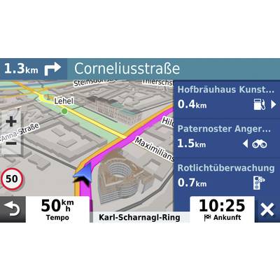 Navigationsbildschirm zeigt Karte mit Ziel 'Corneliusstraße', Entfernung 1,3 km. Infos: Höchstgeschwindigkeit 50 km/h, Ankunft um 10:25 Uhr.