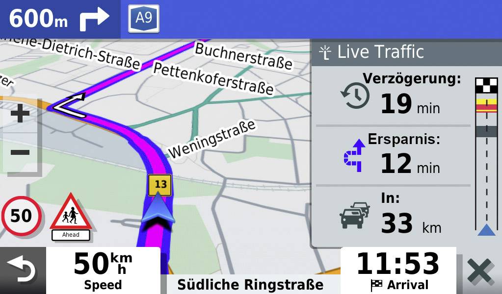 Navigationsgerät zeigt Route entlang 'Südliche Ringstraße' mit Live-Verkehrsdaten: Verzögerung 19 min, Ersparnis 12 min, Entfernung 33 km.