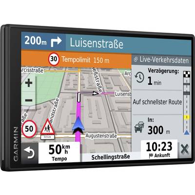 Navigationsgerät zeigt Karte mit Route zur 'Luisenstraße', Tempo- und Geschwindigkeitsbeschränkungen sowie erwartete Ankunftszeit 10:23 Uhr.