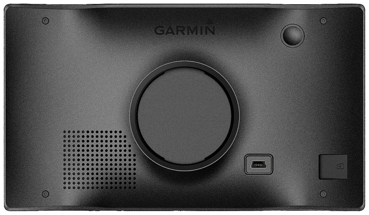 Ein schwarzes Garmin-Gerät mit einer zirkulären Kameraöffnung in der Mitte, einem Lautsprecher links, einem USB-Anschluss unten rechts und einem Netzschalter oben.
