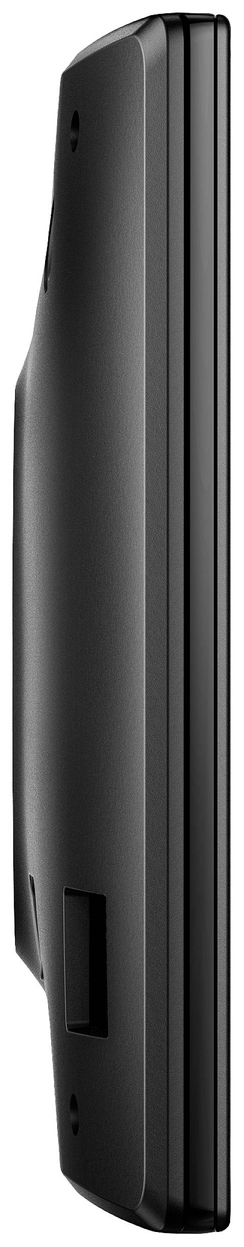Eine Seitenansicht eines schwarzen, flachen elektronischen Geräts, möglicherweise ein Monitor oder TV-Bildschirm.