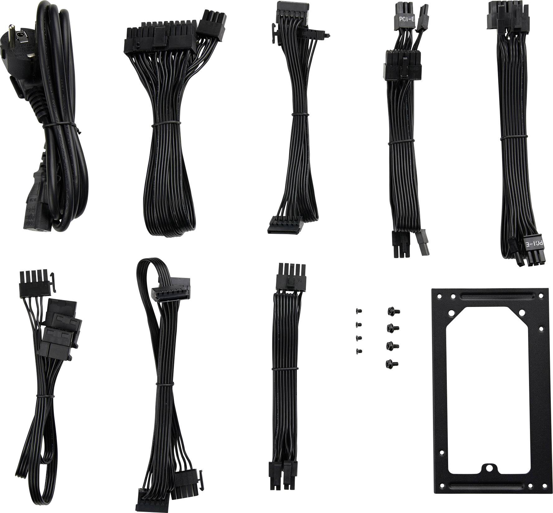 'Mehrere schwarze Computerkabel-Sets und Schrauben nebeneinander auf einem weißen Hintergrund'