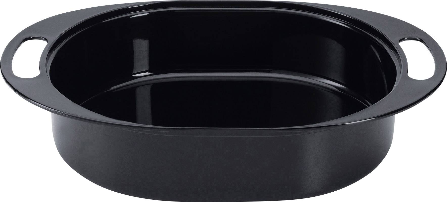 Schwarze, ovale Backform mit zwei Griffen, geeignet zum Backen und Kochen.