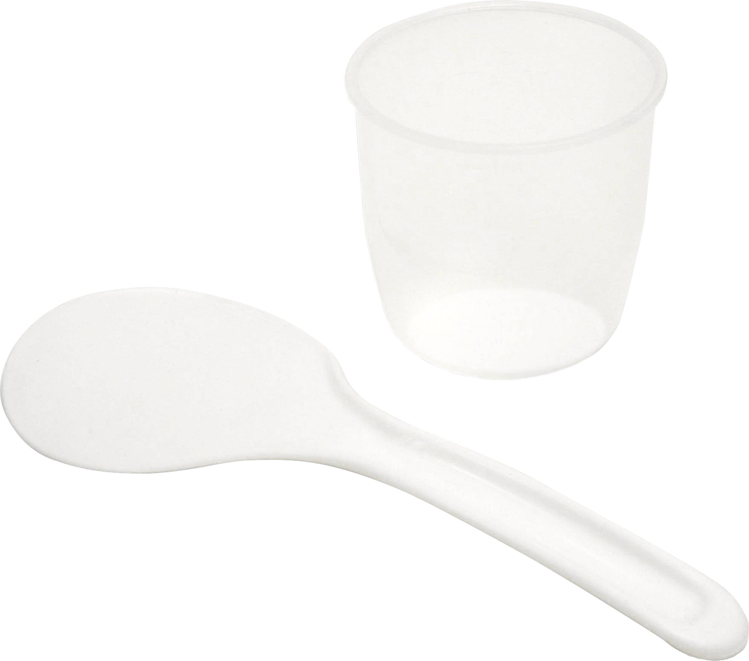 Ein weißer Plastikspatel und ein transparenter Plastikbehälter, oft für das Abmessen von Pulver in Verpackungen verwendet.