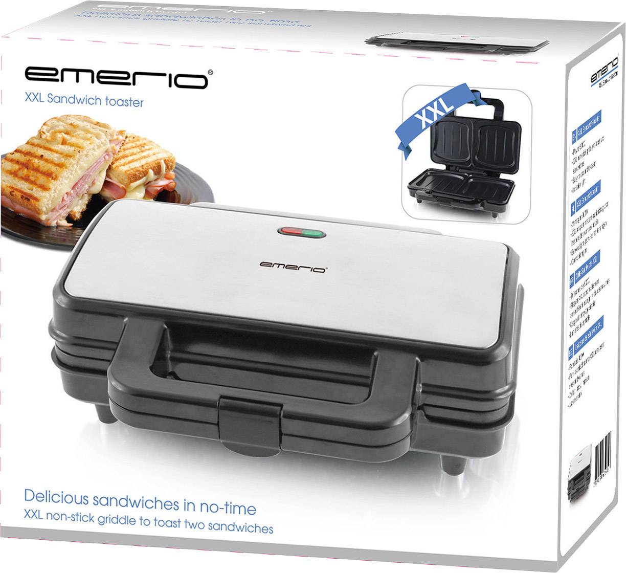 'XXL Sandwich Toaster' von Emerio. Toaster mit Antihaft-Oberfläche für zwei Sandwiches. Abgebildet: getoastete Sandwiches und Toaster.