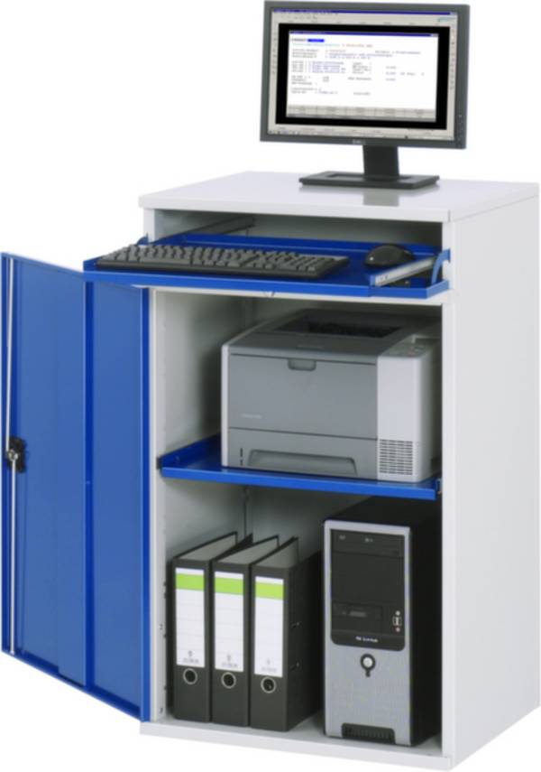 Computer-Arbeitsstation Schrankgehäuse mit 1 Ausziehboden Breite 650 mm lichtgrau / enzianblau. Rau GmbH