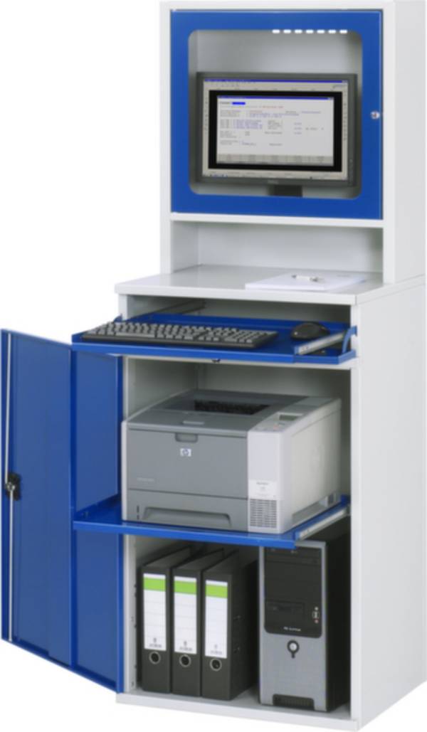 Computer-Arbeitsstation Monitorgehäuse 1 Ausziehboden Breite 650 mm lichtgrau / enzianblau. Rau GmbH 70070049