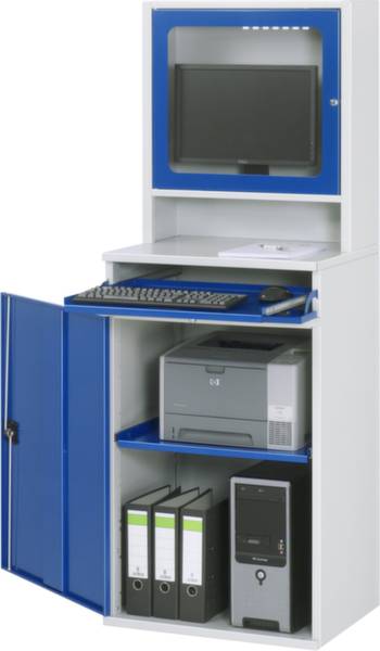 Metallschrank mit offenem Fach oben für einen Monitor, Tastaturablage darunter. Unten stehen ein Drucker und Ordner.
