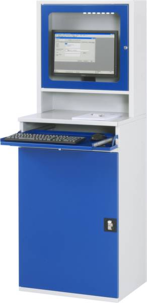 Blauer Elektronikkiosk mit Bildschirm, Tastatur und geschlossener Frontverkleidung. Der Bildschirm zeigt eine Benutzeroberfläche.