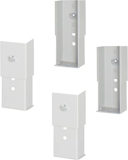 Vier weiße Metall-Befestigungshaken in verschiedenen Positionen, zur Wandmontage von Objekten.