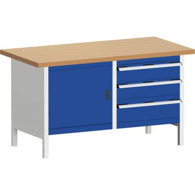 Blauer Metallschreibtisch mit vier Schubladen und Holztischplatte. Robust, ideal für Büroumgebungen oder Werkstätten.
