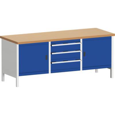 Ein blauer Schrank mit drei geschlossenen Schubladen in der Mitte, flankiert von zwei verschließbaren Schranktüren. Oberseite aus Holz.
