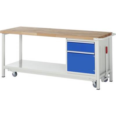 Weißer Werkstatttisch mit Holzplatte und blauen Schubladen auf der rechten Seite. Der Tisch hat Räder zur einfachen Bewegung.