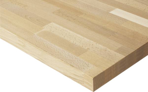 Eckansicht einer Holzplatte mit verschiedenen hellen Holztönen und Maserungen. Die Oberfläche besteht aus rechteckigen Holzstücken.