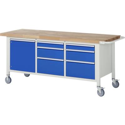 Eine Werkbank auf Rollen mit blauer Schubladenfront und Holzarbeitsplatte.
