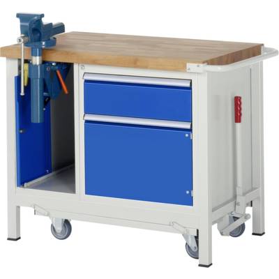 Werkbank mit Holzplatte, blauen Schubladen und Rollen. Links ist ein Schraubstock montiert. Geeignet für Werkstattarbeiten.