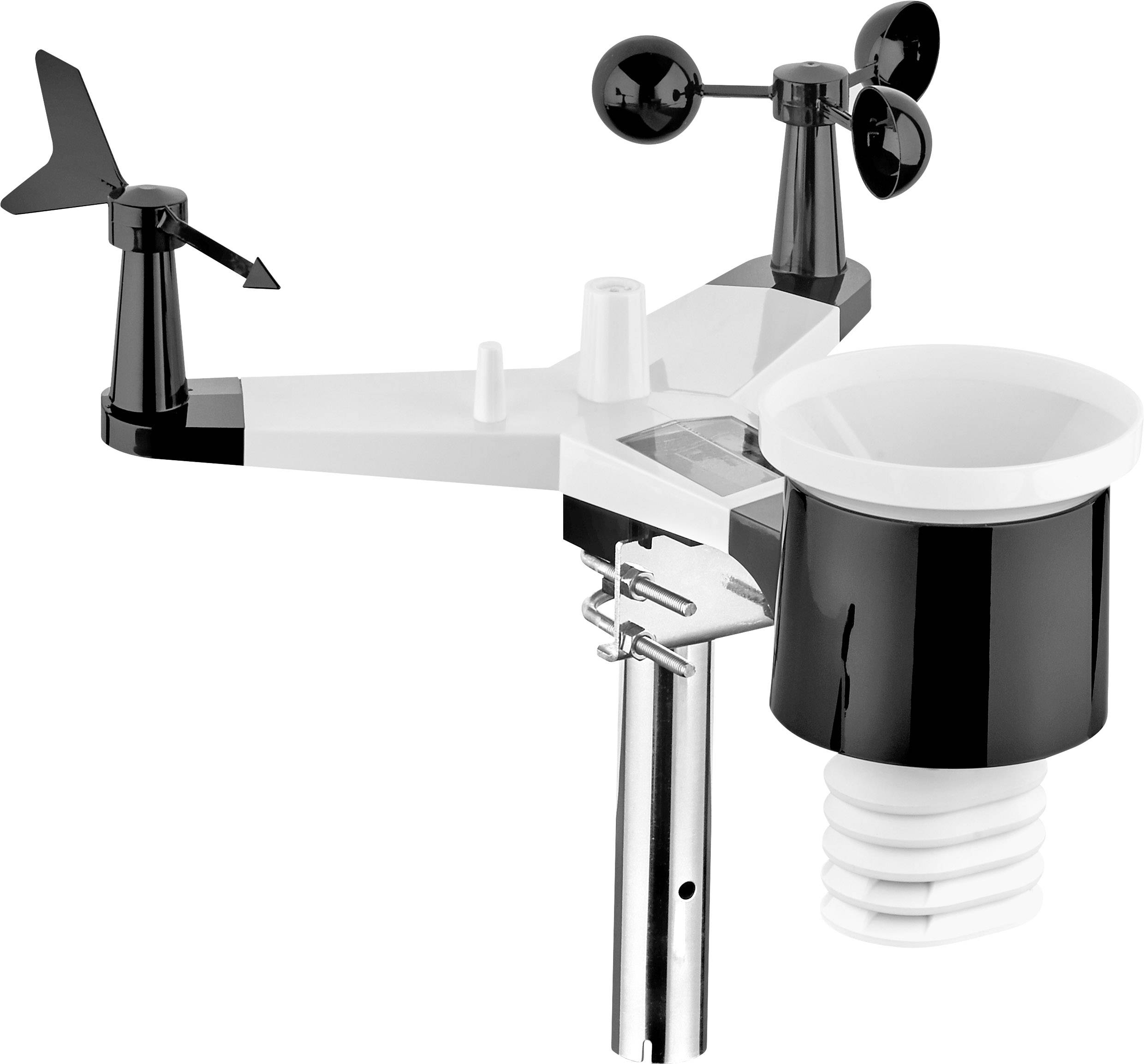 Digitale Wetterstation mit Windmesser, Niederschlagsmesser und Windrichtungsanzeiger zur Messung von Windgeschwindigkeit und Niederschlag.