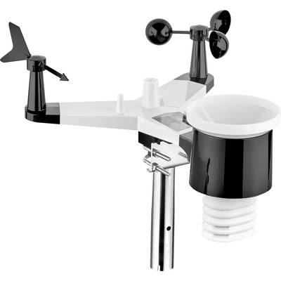 Digitale Wetterstation mit Windmesser, Niederschlagsmesser und Windrichtungsanzeiger zur Messung von Windgeschwindigkeit und Niederschlag.