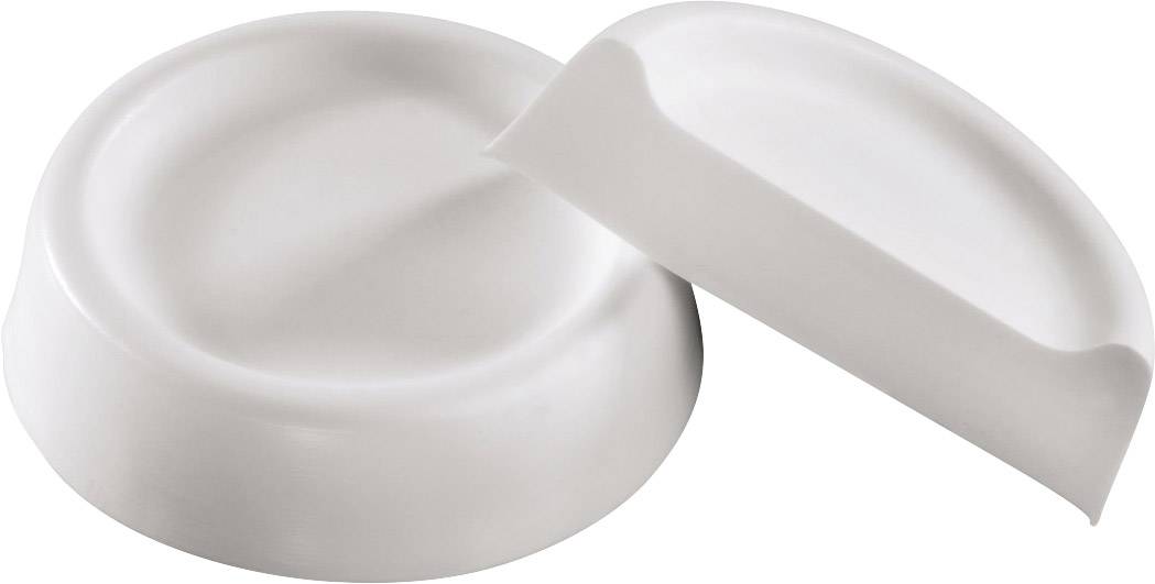 Weißer Kunststoff-Seifenspender in zwei Teilen, ein ovaler Sockel mit passendem Deckel. Modernes, minimalistisches Design.