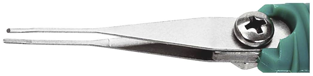 Ein silberfarbenes, metallisches Werkzeug mit langem, schmalem Griff und einer grünen, runden Schraubenbefestigung.