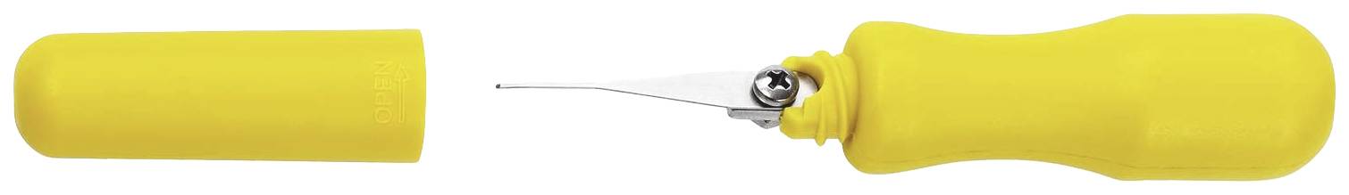 Gelber Sicherheitsgriff für Cutter-Messer mit abnehmbarer Kappe. Klinge ist aus Metall und teilweise sichtbar.