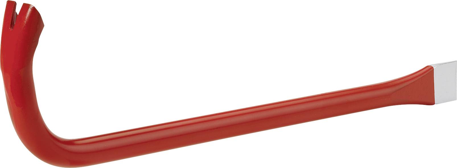 Ein rot lackierter Kuhfuß liegt auf weißem Hintergrund. Er hat ein gebogenes Ende mit einer Spaltklaue und ein flaches Ende zum Hebeln.