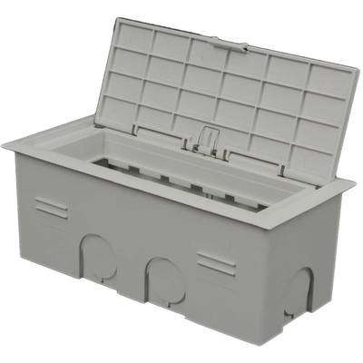 Graue rechteckige Kunststoffbox mit offenem gitterförmigem Deckel und mehreren runden Öffnungen an den Seiten.