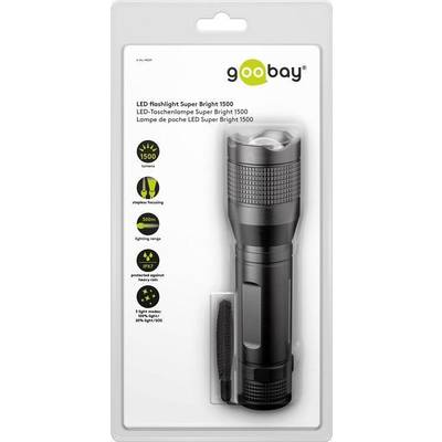 Verpackung einer LED-Taschenlampe, Marke Gobay, Modell 'Super Bright 1500'. Beschrieben wird eine Leuchtkraft von 1500 Lumen und 300m Reichweite.