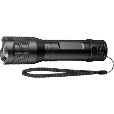 Eine schwarze Taschenlampe mit Trageschlaufe liegt waagerecht. Die Taschenlampe hat eine strukturierte Oberfläche für besseren Halt.