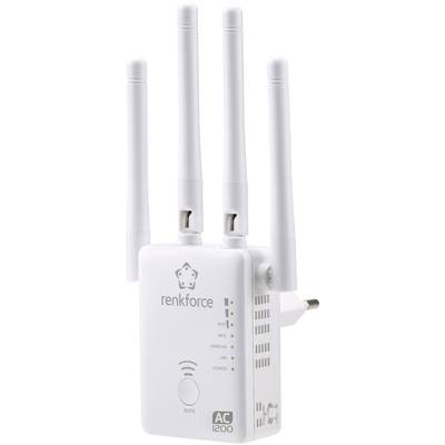 Ein weißer WiFi-Repeater mit drei Antennen. LEDs zeigen den Status für WLAN, LAN und Strom an. Marke 'Renkforce', Modell 'AC 1200'.
