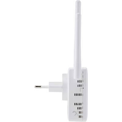 Ein weißer WLAN-Repeater mit zwei Antennen, der für die Steckdose geeignet ist, seitlich abgebildet.