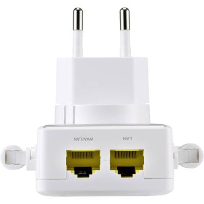 Weißer Netzwerkadapter mit zwei gelben Ethernet-Ports, beschriftet 'WAN/LAN' und 'LAN', sowie einem Stecker für die Steckdose.