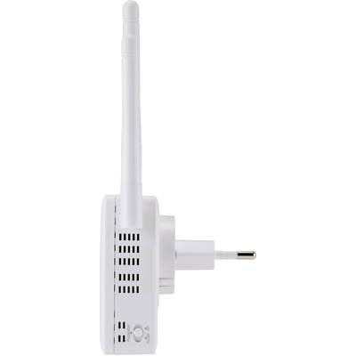 Ein weißer WLAN-Repeater mit zwei Antennen und einem EU-Stecker zur Erhöhung der Internetreichweite.
