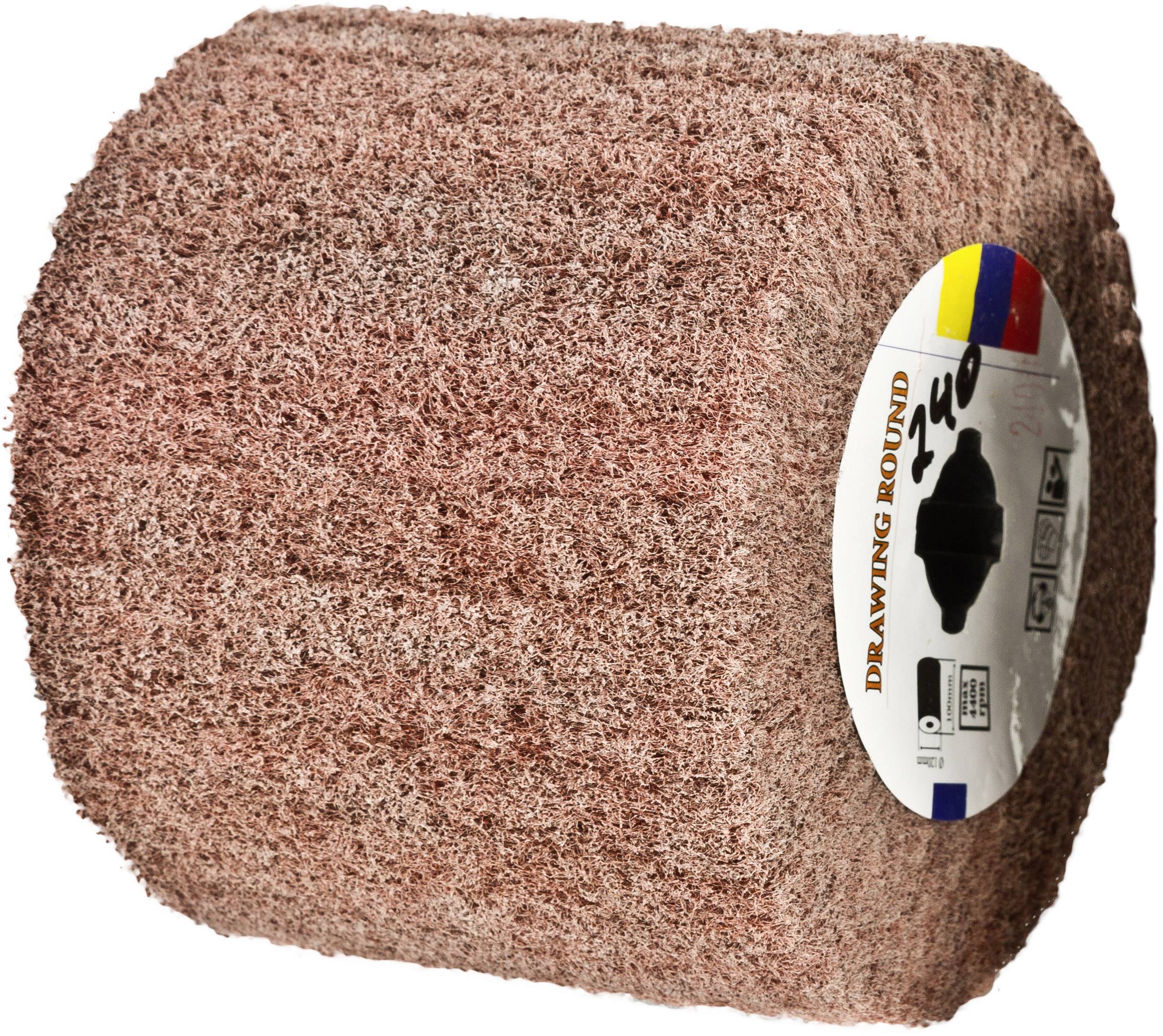 Ein Schleifrad, zylindrisch, aus abrasivem Material in rosa Farbe, mit seitlichem Etikett; wird für Oberflächenbearbeitung verwendet.