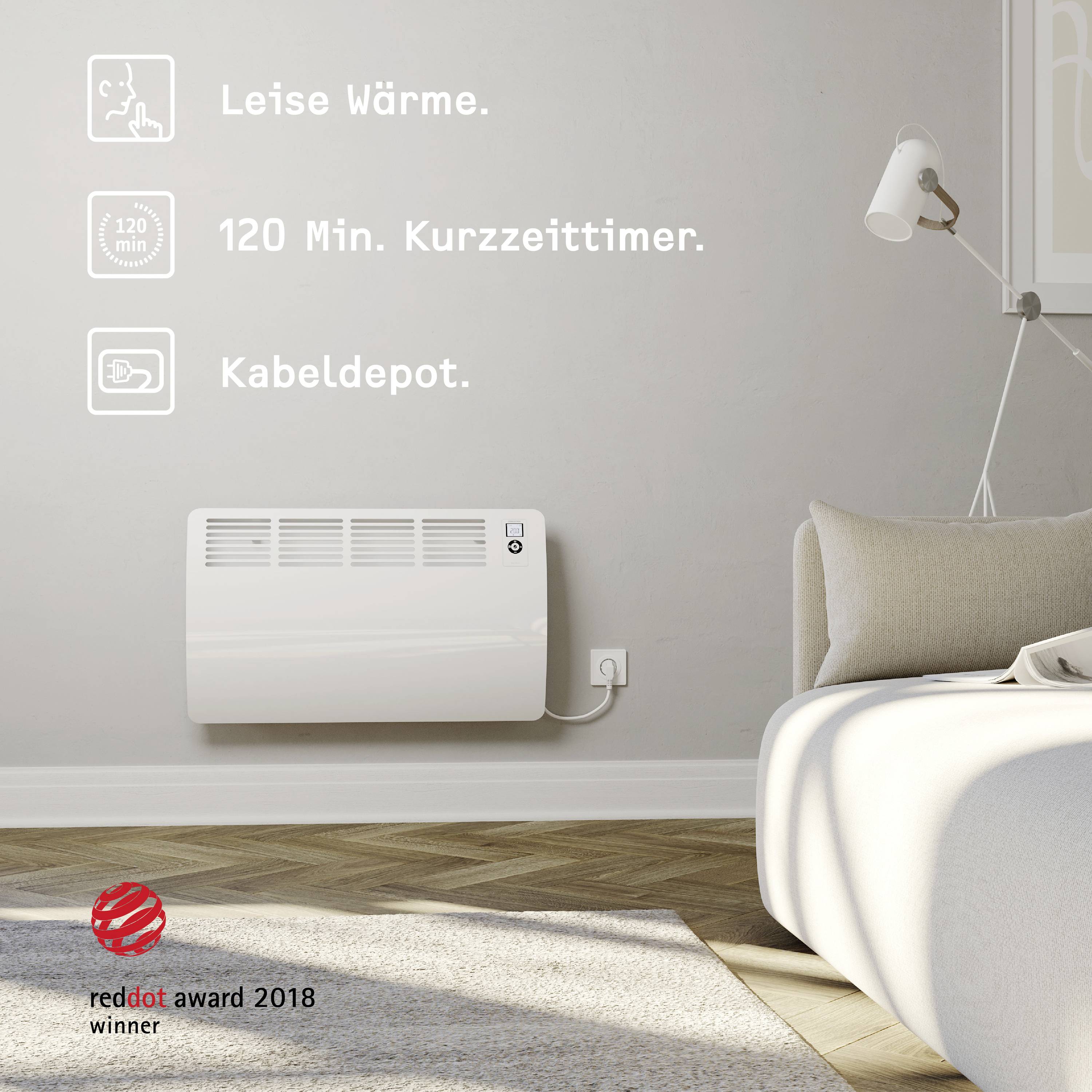 Ein moderner Raumheizer an der Wand mit der Aufschrift 'Leise Wärme. 120 Min. Kurzzeitwärme. Kabeldepot.' Tanner im Raum.