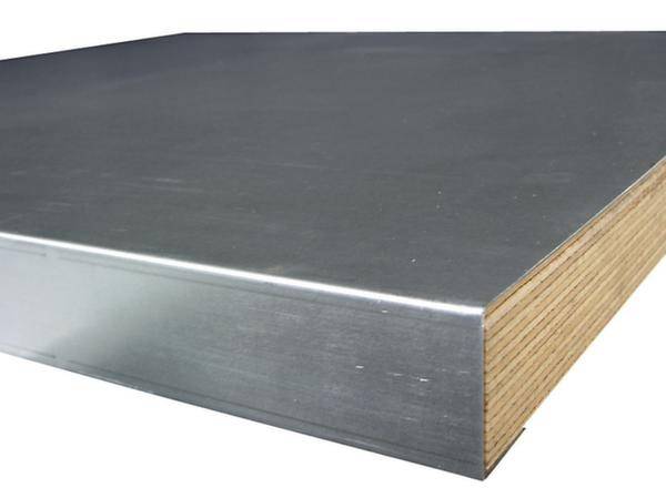 Ein rechteckiges Paneel aus Metall und Holz. Die obere Fläche ist glatt und reflektierend, die Seitenkante zeigt Holzmaserung.
