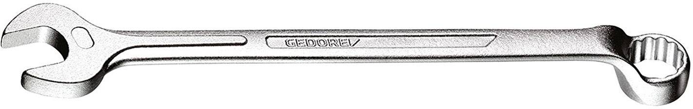 Ein silberner Gabel-Ringschlüssel aus Metall, horizontal ausgerichtet, mit einem offenen und einem geschlossenen Ende.