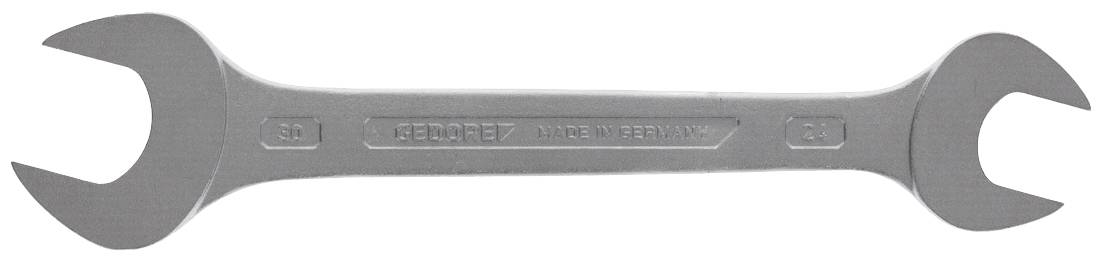 Ein Doppelmaulschlüssel aus Metall, mit den Größen 17mm und 19mm markiert, liegt horizontal.