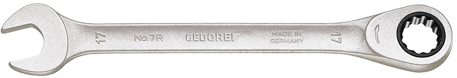Ein silberner Ringschlüssel mit offener und Ratschen-Seite, Aufschrift '17 GE-711 RM, GEDORE, MADE IN GERMANY', aus Metall.