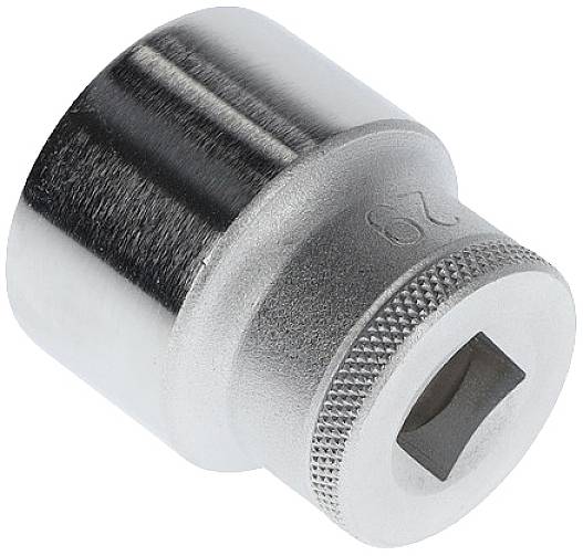 Metallische Steckschlüsselbuchse mit quadratischem Antrieb und rutschfester Oberfläche, geeignet für handwerkliche Anwendungen.