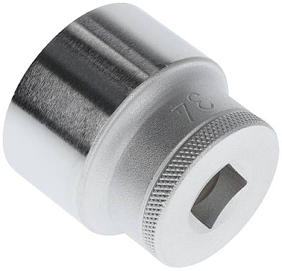 Ein silberner Steckschlüsseleinsatz mit 3/4-Zoll-Anschluss, glatt und glänzend, verwendet für mechanische Arbeiten.