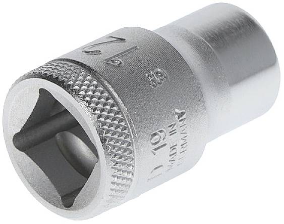 Eine silberne Stecknuss mit gerändeltem Griff und eingeprägter Größenangabe '19mm', verwendet für Schraubarbeiten.