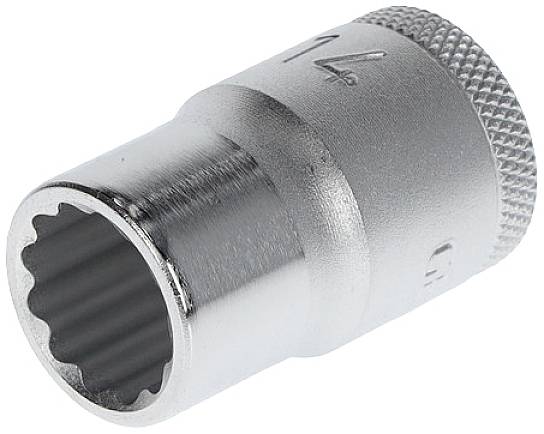 Metallschraubenschlüssel mit zylindrischer Hülse und gerändeltem Griff. Er hat einen Innendurchmesser mit gerundeten Zähnen für festen Halt.