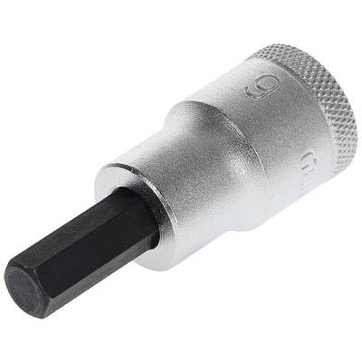 Ein silberner Steckschlüsseladapter mit schwarzer Hex-Bit-Aufsatz, geeignet für die Nutzung mit Schraubwerkzeugen.