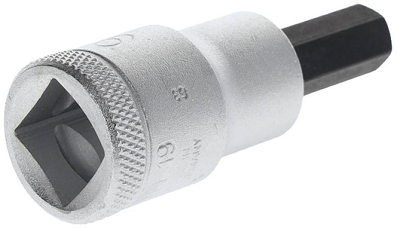 Metallischer Steckschlüsseladapter mit Vierkantaufsatz und Sechskantendstück, verwendet für Mechanik- oder Reparaturarbeiten.