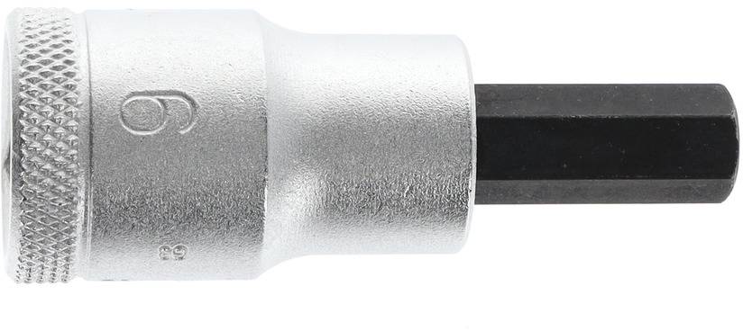 Ein silberner Steckschlüssel mit einem schwarzen Sechskant-Bit, oft verwendet für Reparaturen und Montagen im mechanischen Bereich.