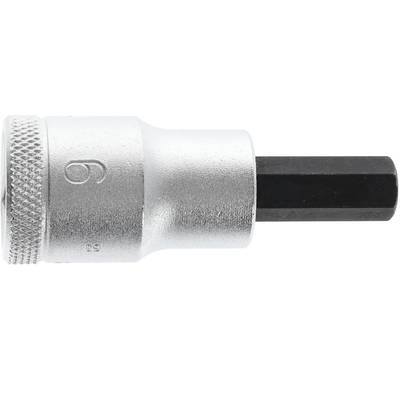 Ein silberner Steckschlüssel mit einem schwarzen Sechskant-Bit, oft verwendet für Reparaturen und Montagen im mechanischen Bereich.