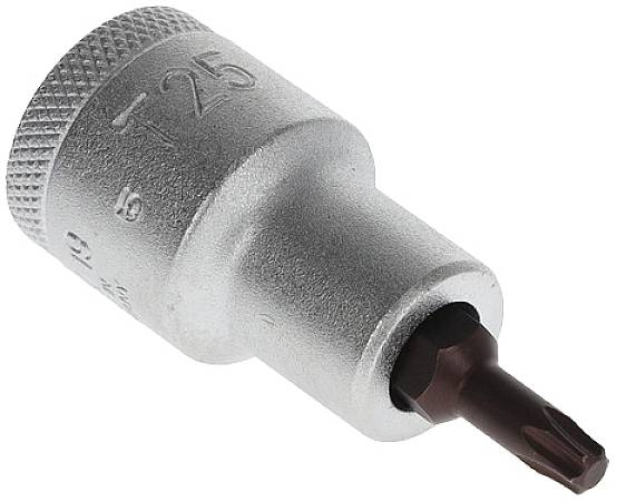 Ein silberner Steckschlüssel mit Torx-Bit T25. Der Griff ist gerändelt für besseren Halt. Geeignet für mechanische Arbeiten.