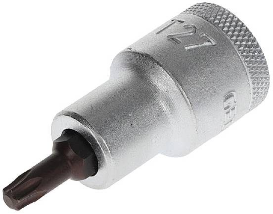 Metallischer Torx-Bitaufsatz T27, zylinderförmiger Griff, geeignet für Schraubarbeiten in Handwerk oder Heimprojekten.